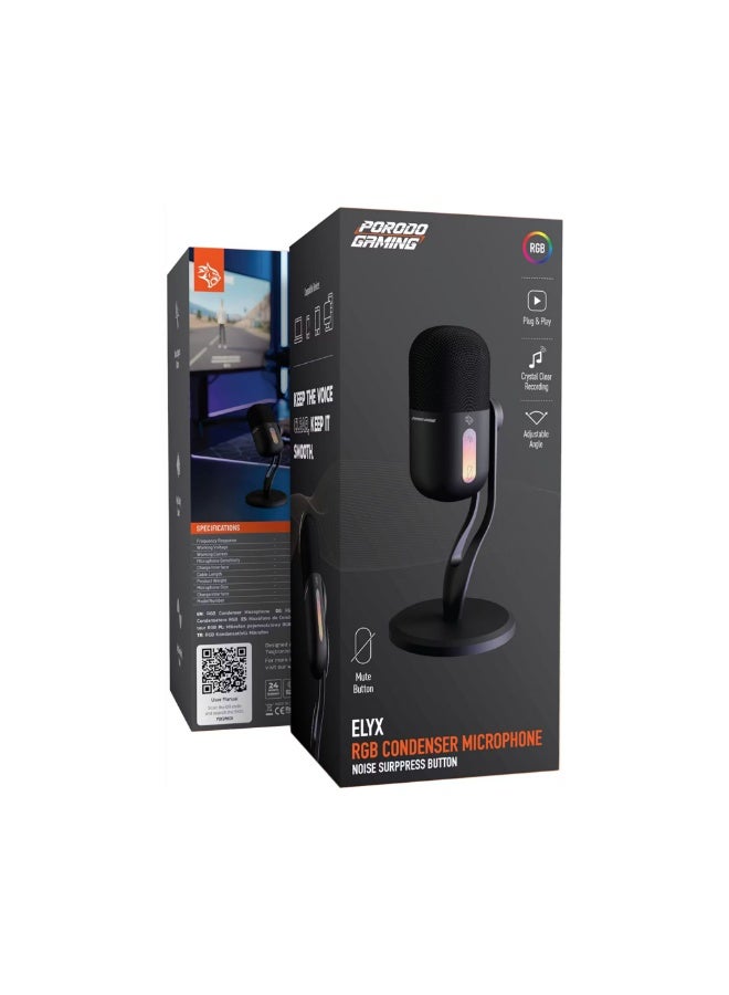 porodo Elyx RGB Condenser Microphone with Noise Suppress Button, Adjustable Angle, Crystal Clear Recording, Mute Button, High Sampling Rate, High-Quality Sound, Plug & Play - Black - Image 4